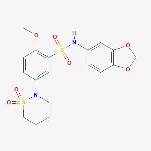 molecular formula C18H20N2O7S2 B363808 N-(1,3-benzodioxol-5-yl)-5-(1,1-dioxido-1,2-thiazinan-2-yl)-2-methoxybenzenesulfonamide CAS No. 920117-26-6
