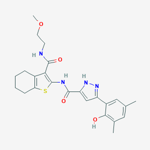 3-(2-Hydroxy-3,5-dimethylphenyl)-N-[3-(2-methoxyethylcarbamoyl)-4,5,6,7-tetrahydro-1-benzothiophen-2-yl]-1H-pyrazole-5-carboxamide
