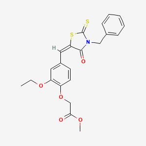 molecular formula C22H21NO5S2 B3652343 METHYL 2-(4-{[(5E)-3-BENZYL-4-OXO-2-SULFANYLIDENE-1,3-THIAZOLIDIN-5-YLIDENE]METHYL}-2-ETHOXYPHENOXY)ACETATE 