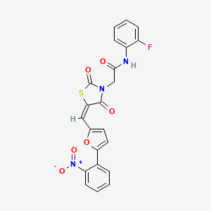 molecular formula C22H14FN3O6S B3658169 N-(2-fluorophenyl)-2-[(5E)-5-[[5-(2-nitrophenyl)furan-2-yl]methylidene]-2,4-dioxo-1,3-thiazolidin-3-yl]acetamide 