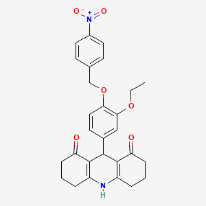 molecular formula C28H28N2O6 B3660213 9-[3-Ethoxy-4-[(4-nitrophenyl)methoxy]phenyl]-2,3,4,5,6,7,9,10-octahydroacridine-1,8-dione 