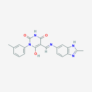 molecular formula C20H17N5O3 B366311 5-{[(2-methyl-1H-benzimidazol-5-yl)amino]methylene}-1-(3-methylphenyl)-2,4,6(1H,3H,5H)-pyrimidinetrione 
