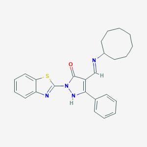 molecular formula C25H26N4OS B366328 2-(1,3-benzothiazol-2-yl)-4-[(cyclooctylamino)methylene]-5-phenyl-2,4-dihydro-3H-pyrazol-3-one 