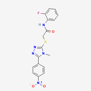 molecular formula C17H14FN5O3S B3668496 N-(2-fluorophenyl)-2-[[4-methyl-5-(4-nitrophenyl)-1,2,4-triazol-3-yl]sulfanyl]acetamide 