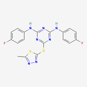 molecular formula C18H13F2N7S2 B3669393 N,N'-bis(4-fluorophenyl)-6-[(5-methyl-1,3,4-thiadiazol-2-yl)sulfanyl]-1,3,5-triazine-2,4-diamine 