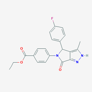 molecular formula C21H18FN3O3 B368140 ethyl 4-(4-(4-fluorophenyl)-3-methyl-6-oxo-4,6-dihydropyrrolo[3,4-c]pyrazol-5(1H)-yl)benzoate CAS No. 587009-71-0