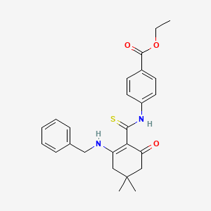 molecular formula C25H28N2O3S B3683110 Ethyl 4-({[2-(benzylamino)-4,4-dimethyl-6-oxocyclohex-1-en-1-yl]carbonothioyl}amino)benzoate 