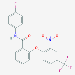 molecular formula C20H12F4N2O4 B3686349 N-(4-fluorophenyl)-2-[2-nitro-4-(trifluoromethyl)phenoxy]benzamide 