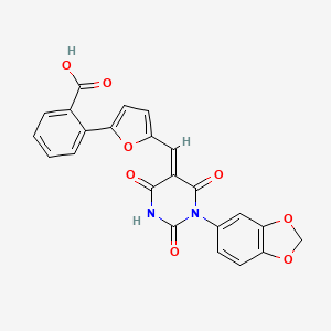 molecular formula C23H14N2O8 B3694433 2-[5-[(E)-[1-(1,3-benzodioxol-5-yl)-2,4,6-trioxo-1,3-diazinan-5-ylidene]methyl]furan-2-yl]benzoic acid 