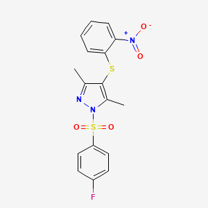 molecular formula C17H14FN3O4S2 B3694468 1-(4-Fluorophenyl)sulfonyl-3,5-dimethyl-4-(2-nitrophenyl)sulfanylpyrazole 