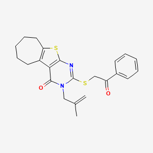 molecular formula C23H24N2O2S2 B3701469 3-(2-Methylallyl)-2-[(2-oxo-2-phenylethyl)sulfanyl]-3,5,6,7,8,9-hexahydro-4H-cyclohepta[4,5]thieno[2,3-D]pyrimidin-4-one 