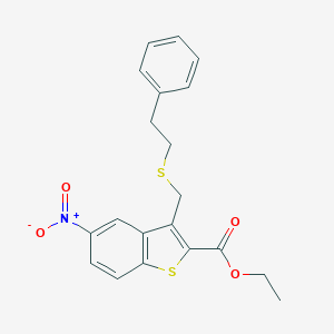 molecular formula C20H19NO4S2 B371215 Ethyl 5-nitro-3-{[(2-phenylethyl)sulfanyl]methyl}-1-benzothiophene-2-carboxylate 