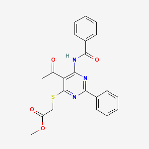 molecular formula C22H19N3O4S B3715118 Methyl 2-[(5-acetyl-6-benzamido-2-phenylpyrimidin-4-YL)sulfanyl]acetate 