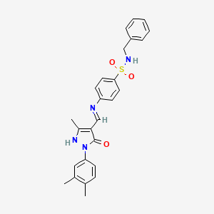 molecular formula C26H26N4O3S B3716466 N-BENZYL-4-({[1-(3,4-DIMETHYLPHENYL)-3-METHYL-5-OXO-1,5-DIHYDRO-4H-PYRAZOL-4-YLIDEN]METHYL}AMINO)-1-BENZENESULFONAMIDE 