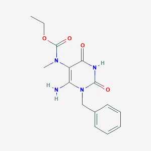 molecular formula C15H18N4O4 B371928 Ethyl 6-amino-1-benzyl-2,4-dioxo-1,2,3,4-tetrahydro-5-pyrimidinyl(methyl)carbamate 