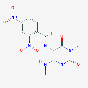 molecular formula C14H14N6O6 B371953 5-({2,4-bisnitrobenzylidene}amino)-1,3-dimethyl-6-(methylamino)-2,4(1H,3H)-pyrimidinedione 