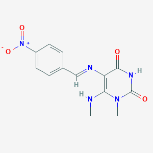 molecular formula C13H13N5O4 B371957 5-({4-nitrobenzylidene}amino)-1-methyl-6-(methylamino)-2,4(1H,3H)-pyrimidinedione 