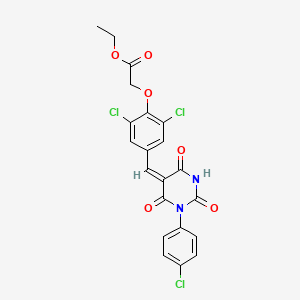molecular formula C21H15Cl3N2O6 B3733111 ethyl 2-[2,6-dichloro-4-[(E)-[1-(4-chlorophenyl)-2,4,6-trioxo-1,3-diazinan-5-ylidene]methyl]phenoxy]acetate 