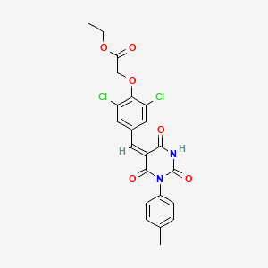 molecular formula C22H18Cl2N2O6 B3734382 ethyl 2-[2,6-dichloro-4-[(E)-[1-(4-methylphenyl)-2,4,6-trioxo-1,3-diazinan-5-ylidene]methyl]phenoxy]acetate 