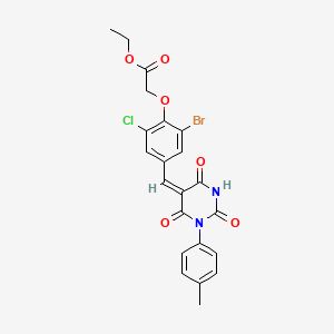 molecular formula C22H18BrClN2O6 B3740217 ethyl 2-[2-bromo-6-chloro-4-[(E)-[1-(4-methylphenyl)-2,4,6-trioxo-1,3-diazinan-5-ylidene]methyl]phenoxy]acetate 