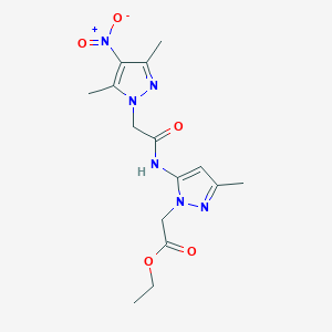molecular formula C15H20N6O5 B3747556 ETHYL 2-{5-[2-(3,5-DIMETHYL-4-NITRO-1H-PYRAZOL-1-YL)ACETAMIDO]-3-METHYL-1H-PYRAZOL-1-YL}ACETATE 