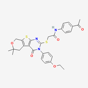 molecular formula C29H29N3O5S2 B3750833 N-(4-acetylphenyl)-2-[[4-(4-ethoxyphenyl)-12,12-dimethyl-3-oxo-11-oxa-8-thia-4,6-diazatricyclo[7.4.0.02,7]trideca-1(9),2(7),5-trien-5-yl]sulfanyl]acetamide 