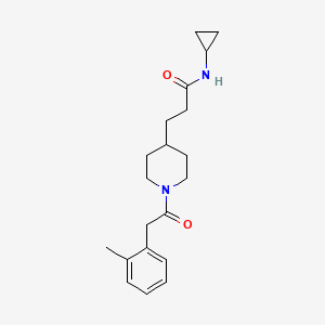molecular formula C20H28N2O2 B3758798 N-cyclopropyl-3-{1-[(2-methylphenyl)acetyl]-4-piperidinyl}propanamide 