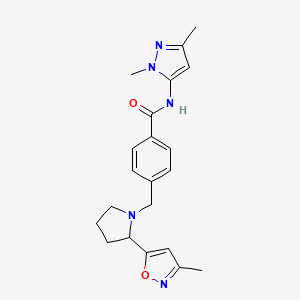 molecular formula C21H25N5O2 B3760207 N-(1,3-dimethyl-1H-pyrazol-5-yl)-4-{[2-(3-methylisoxazol-5-yl)pyrrolidin-1-yl]methyl}benzamide 