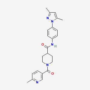 molecular formula C24H27N5O2 B3765236 N-[4-(3,5-dimethyl-1H-pyrazol-1-yl)phenyl]-1-[(6-methyl-3-pyridinyl)carbonyl]-4-piperidinecarboxamide 