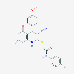 molecular formula C27H26ClN3O3S B376600 N-(4-chlorophenyl)-2-[[3-cyano-4-(4-methoxyphenyl)-7,7-dimethyl-5-oxo-1,4,6,8-tetrahydroquinolin-2-yl]sulfanyl]acetamide CAS No. 342384-48-9