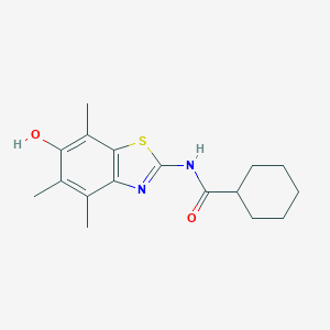 molecular formula C17H22N2O2S B037662 Cyclohexanecarboxamide, N-(6-hydroxy-4,5,7-trimethyl-2-benzothiazolyl)- CAS No. 120164-64-9