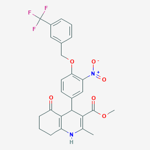 molecular formula C26H23F3N2O6 B376658 METHYL 2-METHYL-4-(3-NITRO-4-{[3-(TRIFLUOROMETHYL)BENZYL]OXY}PHENYL)-5-OXO-1,4,5,6,7,8-HEXAHYDRO-3-QUINOLINECARBOXYLATE 