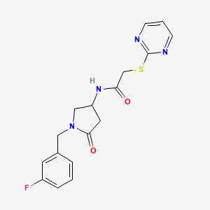 molecular formula C17H17FN4O2S B3766760 N-[1-(3-fluorobenzyl)-5-oxo-3-pyrrolidinyl]-2-(2-pyrimidinylthio)acetamide 