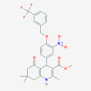 molecular formula C28H27F3N2O6 B376678 METHYL 2,7,7-TRIMETHYL-4-(3-NITRO-4-{[3-(TRIFLUOROMETHYL)BENZYL]OXY}PHENYL)-5-OXO-1,4,5,6,7,8-HEXAHYDRO-3-QUINOLINECARBOXYLATE 