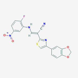 molecular formula C19H11FN4O4S B376684 (E)-2-(4-(benzo[d][1,3]dioxol-5-yl)thiazol-2-yl)-3-((2-fluoro-5-nitrophenyl)amino)acrylonitrile CAS No. 380651-05-8