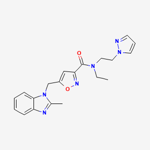 molecular formula C20H22N6O2 B3766997 N-ethyl-5-[(2-methyl-1H-benzimidazol-1-yl)methyl]-N-[2-(1H-pyrazol-1-yl)ethyl]-3-isoxazolecarboxamide 