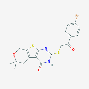 molecular formula C19H17BrN2O3S2 B376924 5-[2-(4-bromophenyl)-2-oxoethyl]sulfanyl-12,12-dimethyl-11-oxa-8-thia-4,6-diazatricyclo[7.4.0.02,7]trideca-1(9),2(7),5-trien-3-one 