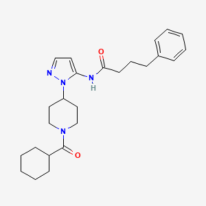 molecular formula C25H34N4O2 B3769661 N-{1-[1-(cyclohexylcarbonyl)-4-piperidinyl]-1H-pyrazol-5-yl}-4-phenylbutanamide 