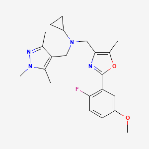 molecular formula C22H27FN4O2 B3770237 N-{[2-(2-fluoro-5-methoxyphenyl)-5-methyl-1,3-oxazol-4-yl]methyl}-N-[(1,3,5-trimethyl-1H-pyrazol-4-yl)methyl]cyclopropanamine 