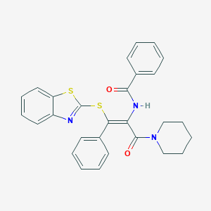 molecular formula C28H25N3O2S2 B377049 N-[2-(1,3-benzothiazol-2-ylsulfanyl)-2-phenyl-1-(1-piperidinylcarbonyl)vinyl]benzamide CAS No. 300669-72-1