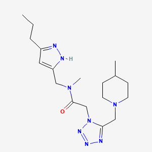 molecular formula C18H30N8O B3773634 N-methyl-2-[5-[(4-methylpiperidin-1-yl)methyl]tetrazol-1-yl]-N-[(3-propyl-1H-pyrazol-5-yl)methyl]acetamide 