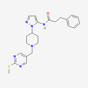 molecular formula C23H28N6OS B3774220 N-[2-[1-[(2-methylsulfanylpyrimidin-5-yl)methyl]piperidin-4-yl]pyrazol-3-yl]-3-phenylpropanamide 