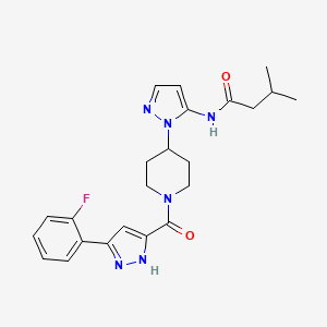 molecular formula C23H27FN6O2 B3777035 N-[2-[1-[3-(2-fluorophenyl)-1H-pyrazole-5-carbonyl]piperidin-4-yl]pyrazol-3-yl]-3-methylbutanamide 