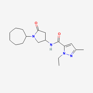 molecular formula C18H28N4O2 B3777957 N-(1-cycloheptyl-5-oxo-3-pyrrolidinyl)-1-ethyl-3-methyl-1H-pyrazole-5-carboxamide 
