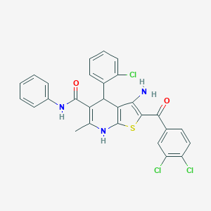 molecular formula C28H20Cl3N3O2S B377831 3-amino-4-(2-chlorophenyl)-2-(3,4-dichlorobenzoyl)-6-methyl-N-phenyl-4,7-dihydrothieno[2,3-b]pyridine-5-carboxamide 
