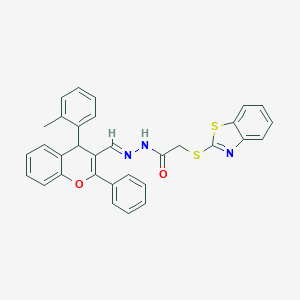 molecular formula C32H25N3O2S2 B377882 2-(1,3-benzothiazol-2-ylsulfanyl)-N'-{[4-(2-methylphenyl)-2-phenyl-4H-chromen-3-yl]methylene}acetohydrazide 