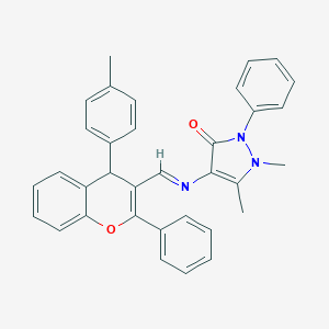 molecular formula C34H29N3O2 B377891 1,5-dimethyl-4-({[4-(4-methylphenyl)-2-phenyl-4H-chromen-3-yl]methylene}amino)-2-phenyl-1,2-dihydro-3H-pyrazol-3-one 