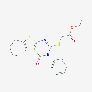 molecular formula C20H20N2O3S2 B378323 Ethyl [(4-oxo-3-phenyl-3,4,5,6,7,8-hexahydro[1]benzothieno[2,3-d]pyrimidin-2-yl)sulfanyl]acetate CAS No. 59898-81-6