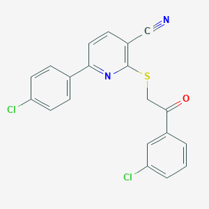 molecular formula C20H12Cl2N2OS B378359 6-(4-Chlorophenyl)-2-{[2-(3-chlorophenyl)-2-oxoethyl]sulfanyl}nicotinonitrile 