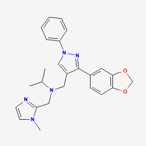 molecular formula C25H27N5O2 B3785401 N-{[3-(1,3-benzodioxol-5-yl)-1-phenyl-1H-pyrazol-4-yl]methyl}-N-[(1-methyl-1H-imidazol-2-yl)methyl]-2-propanamine 